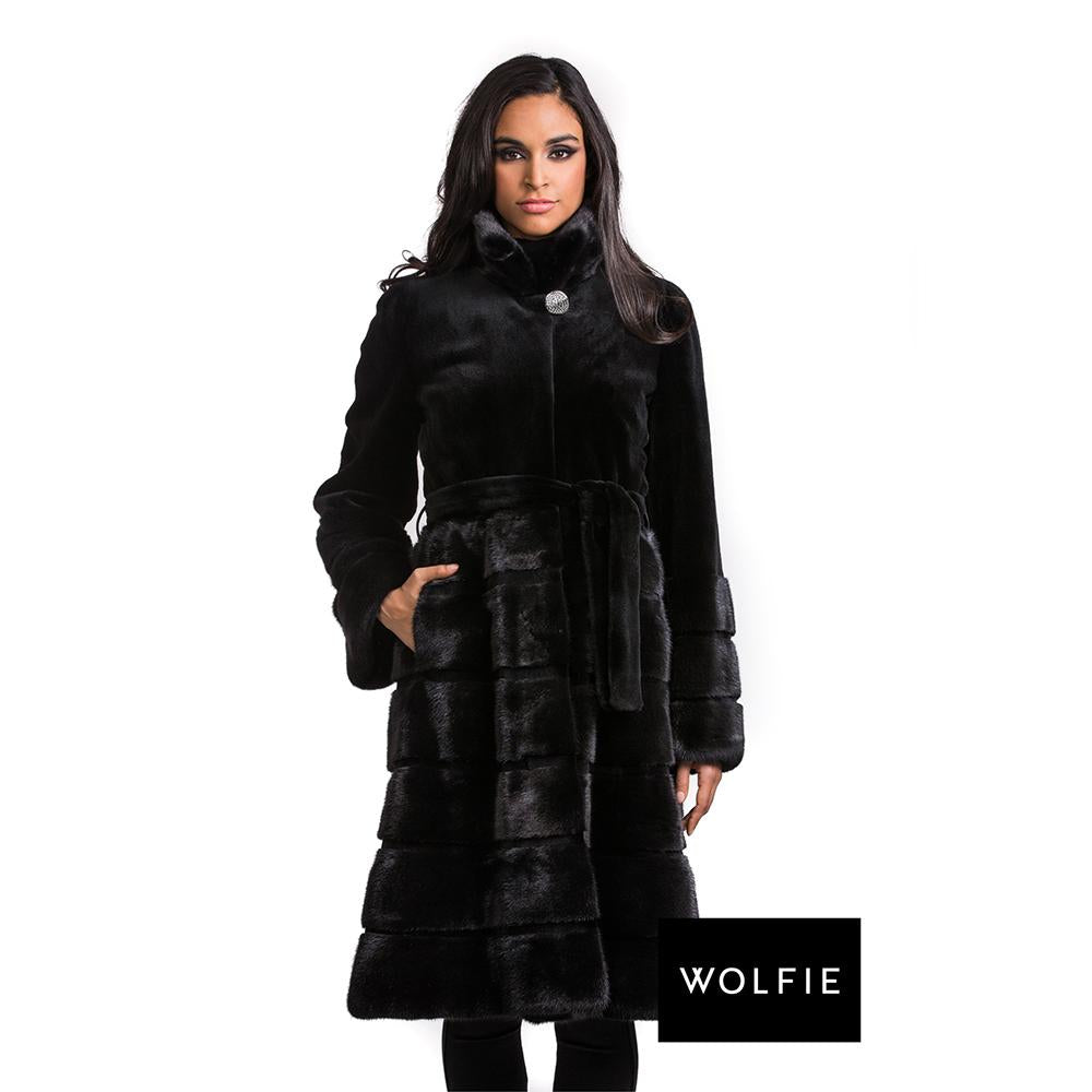MARIA Hooded mink coat with horizontal detailed skirt