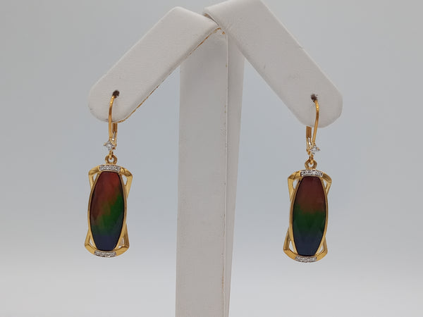 Ammolite Earrings long shaped surrounded by Diamonds (AAA)
