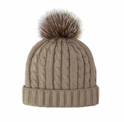 Cable Knit beanie with Fleece lining and fox fur pom
