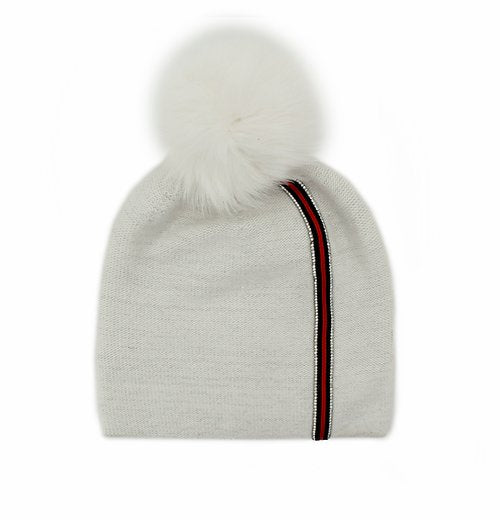 Knitted Beanie with Ribon and Fox Fur pom