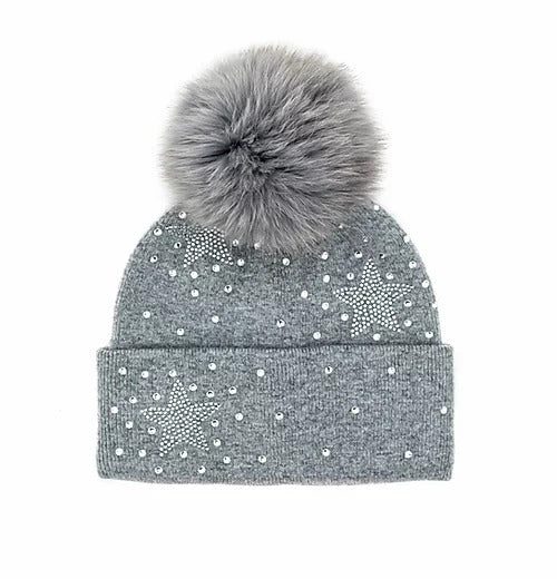 Scatter Star Knitted Hat with Fox Fur Pom Pom
