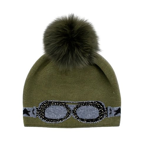 Sunglasses Knitted Hat with Fox Pom Pom