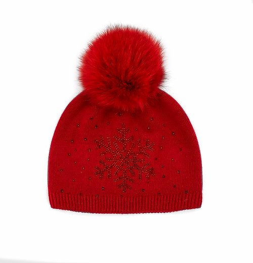 Snowflake Knitted hat with Fox Fur Pom