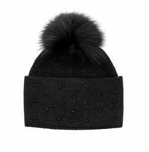 Knitted Beanie with  Beads and Fox fur pom