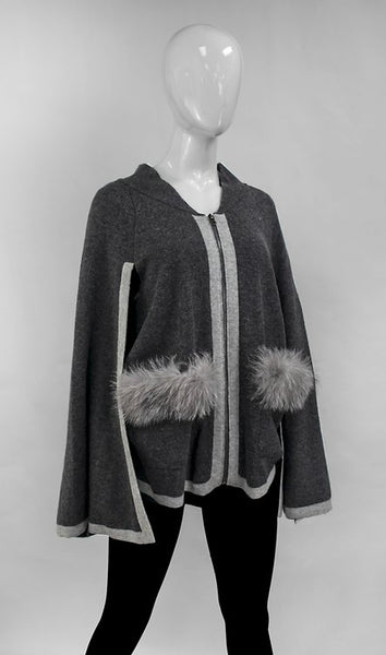 Knitted Poncho with Zipper and Fox Fur Trimmed Pockets