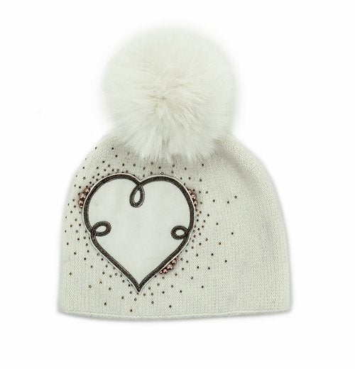 Heart Knitted Hat with Fox Pom Pom