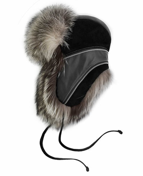 Leather and Suede Trooper hat with Fox Fur Trim