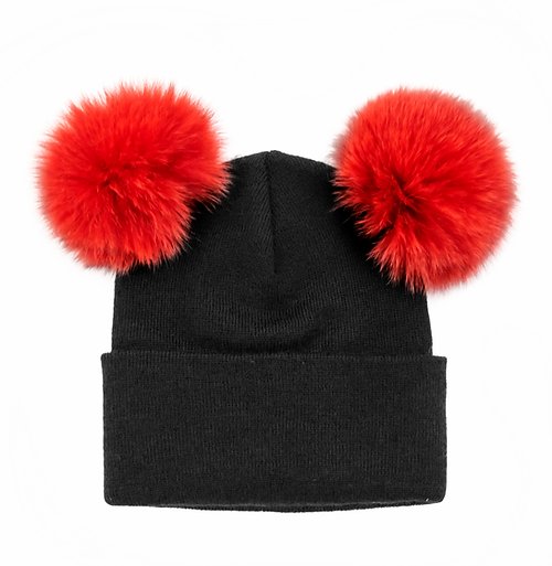 Knitted Beanie with 2 Fox Fur Poms