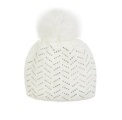 Knitted Sparkle hat with Fox Fur Pom