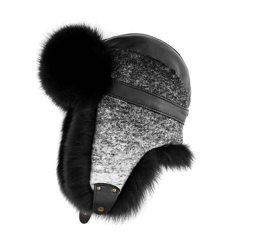 Leather and Woven Trooper hat with Fox Fur Trim