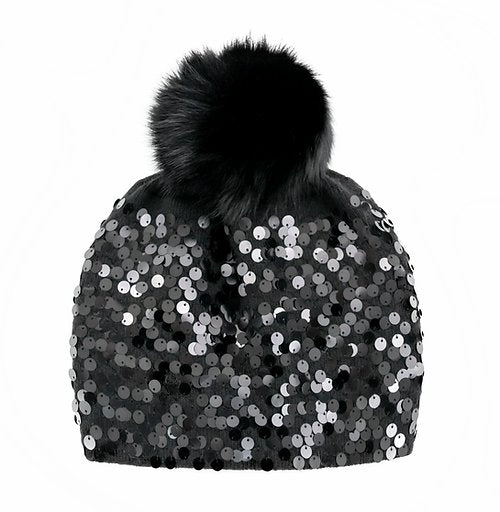 Sequins knitted beanie with fox fur pom