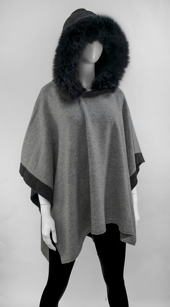 Knitted Poncho with Fox Trim on the Hood
