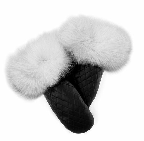 Quilted Leather Mittens with Fox Fur Trim