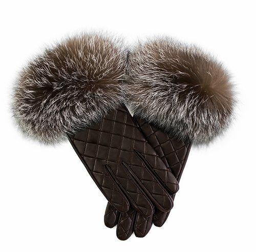 Leather Quilted Glove with Fox Fur Trim