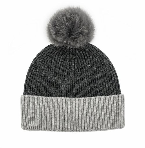 2 Color Knitted hat with Fox Fur Pom