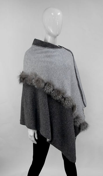 Knitted 2 Tone Poncho & Fox Fur Trim and Zipper