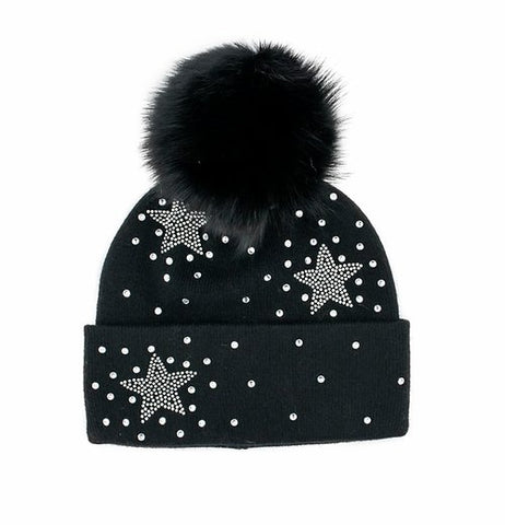 Scatter Star Knitted Hat with Fox Fur Pom Pom