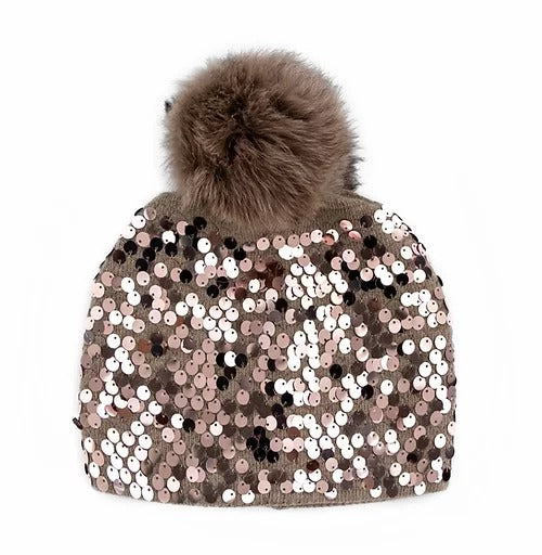 Sequins knitted beanie with fox fur pom
