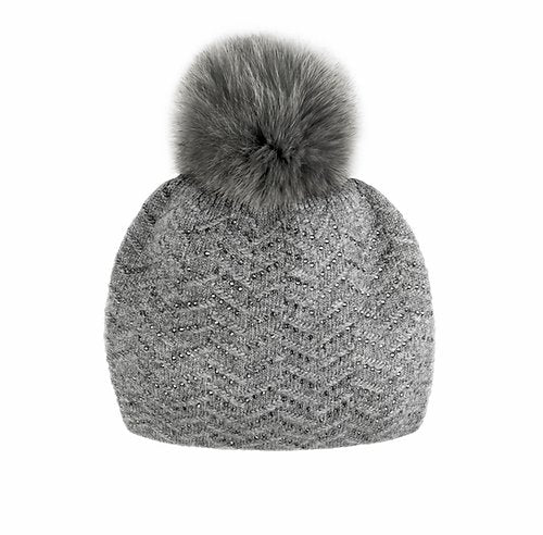 Knitted Sparkle hat with Fox Fur Pom