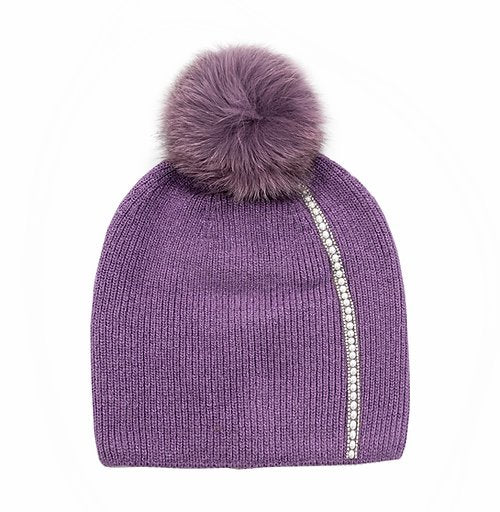 Knitted beanie with pearls stripe and fox fur pom