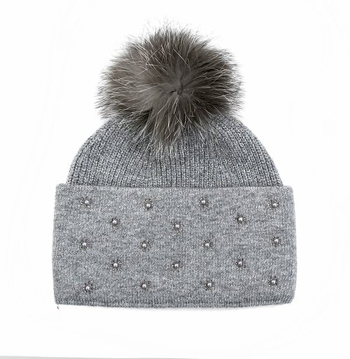 Knitted Beanie with  Beads and Fox fur pom