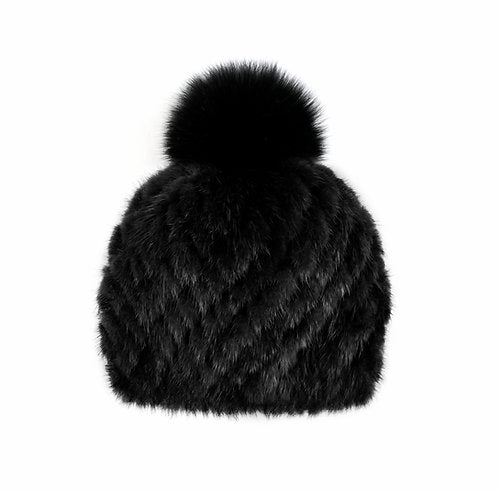 Knitted Mink Fur Beanie with Fox Fur Pom - Different Colours