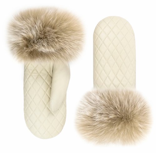 Quilted Leather Mittens with fox Fur Trim