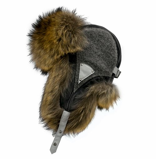 Leather and knit trooper hat with Silver Fur trim