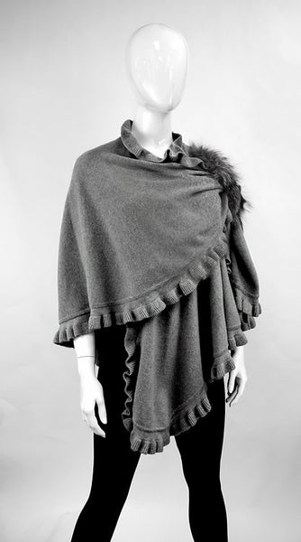 Knitted Ruffle Wrap with Pull Through Loop and Fox fur trim