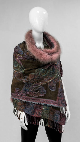 Embroidered Woven Wrap with Fox Fur