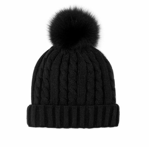 Cable Knit beanie with Fleece lining and fox fur pom