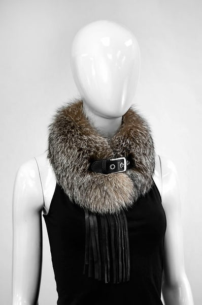 Fur Collar with Buckle and Leather Fringes