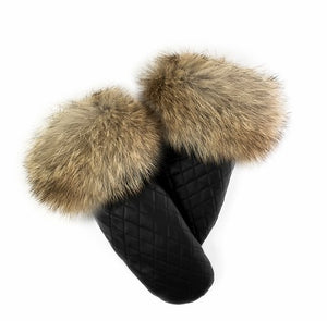 Quilted Leather Mittens with Coyote Fur Trim