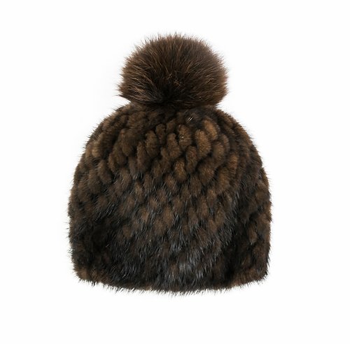 Knitted Mink Fur Beanie with Fox Fur Pom - Different Colours