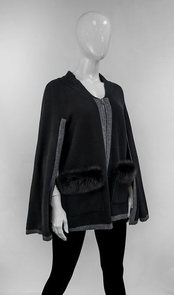 Knitted Poncho with Zipper and Fox Fur Trimmed Pockets