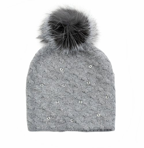 Knitted beanie with sequine and fox fur pom