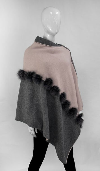 Knitted 2 Tone Poncho & Fox Fur Trim and Zipper