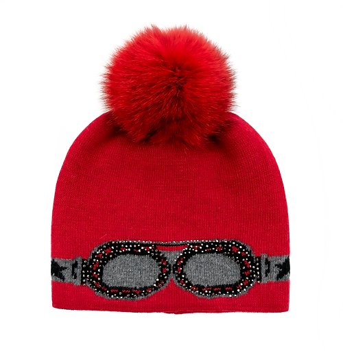 Sunglasses Knitted Hat with Fox Pom Pom