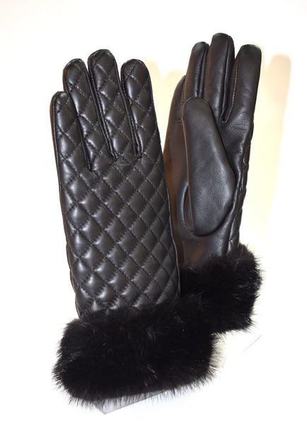 Leather Quilted Glove with Mink Fur Trim
