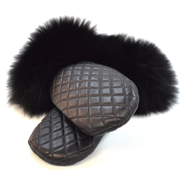 Quilted Leather Mittens with Fox Fur Trim