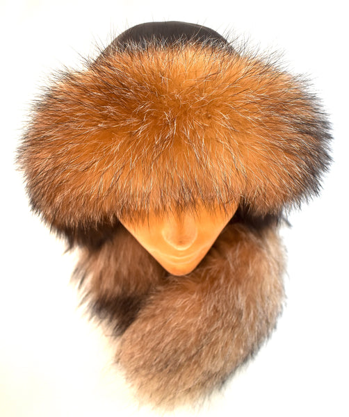 Crystal Fox & Leather Hat with Ear Flaps
