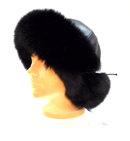 Black Fox & Leather Hat with Ear Flaps