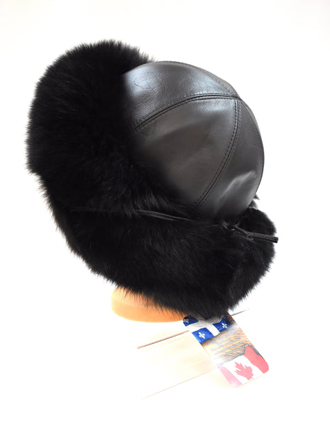 Black Fox & Leather Hat with Ear Flaps