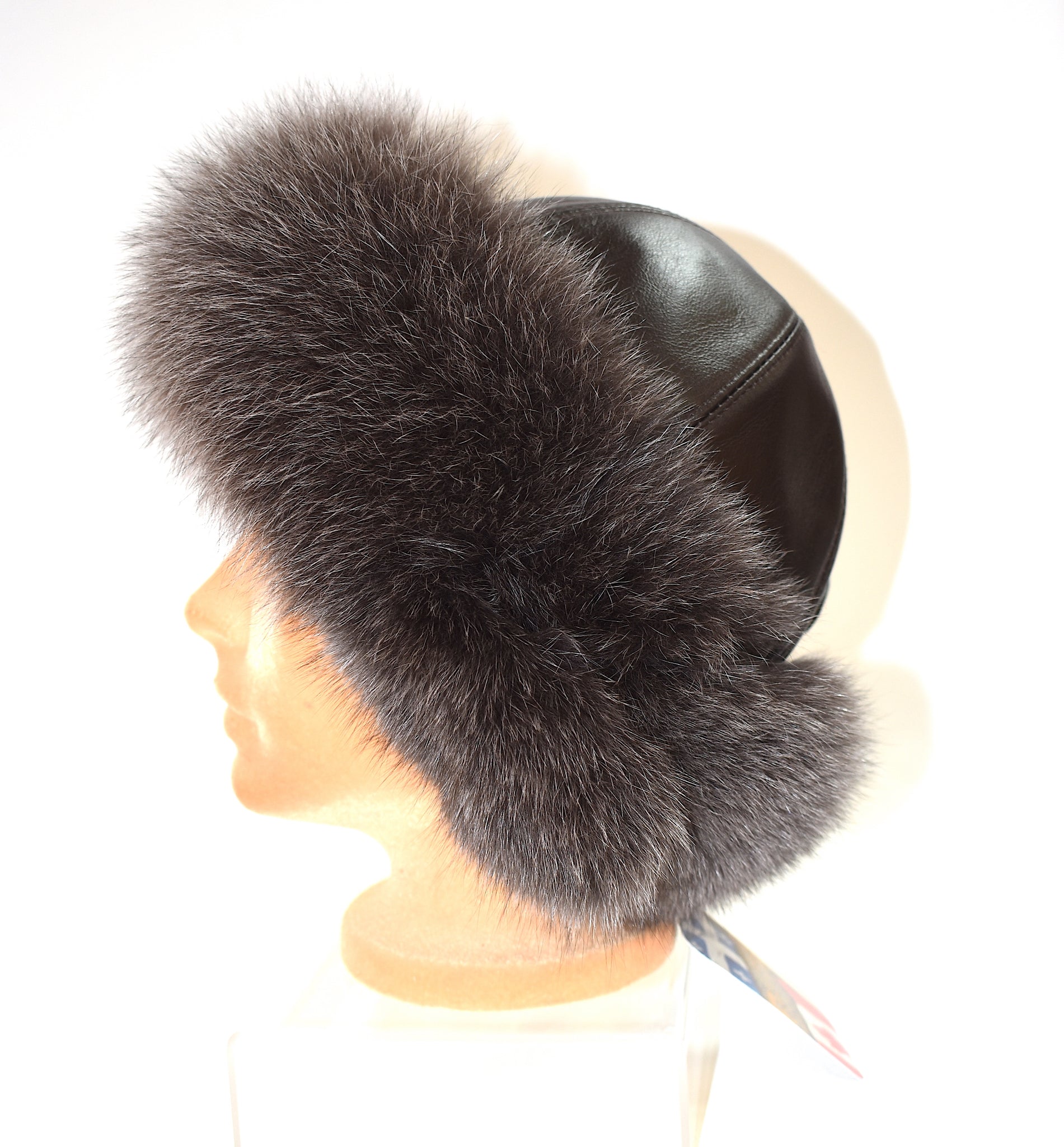 Chocolate Fox & Leather Hat with Ear Flaps