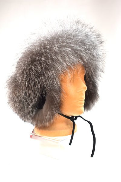 Silver Fox & Leather Hat with Ear Flaps