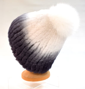 Knitted Rabbit Fur & Arctic Fox Pom Hat - Purple / White Color
