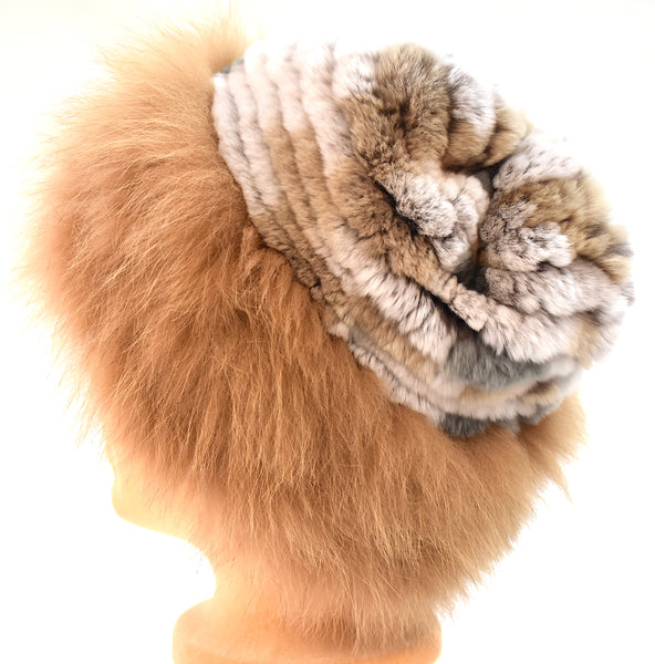 Knitted Rabbit Fur Hat with Fox Fur Headband