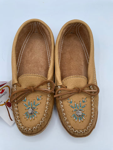 Women Moccasins with real leather tan and ornamental beads
