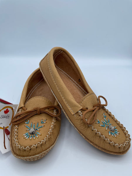 Women Moccasins with real leather tan and ornamental beads