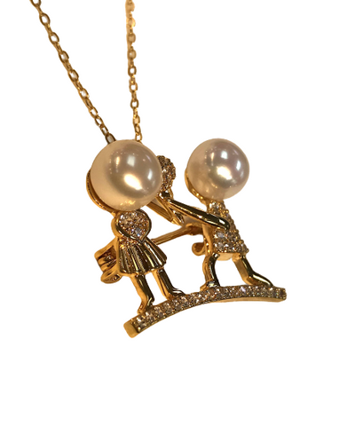 Two Akoya Pearls Pendant / Pin in Plated Gold
